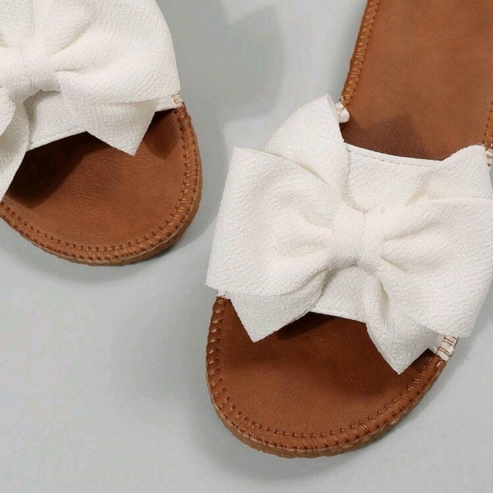 Preppy Slide Sandals For Women, Bow Decor Single Band Flat Sandals - Picture 4 of 6